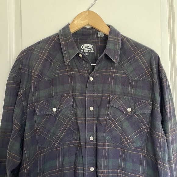 Roper Men’s Plaid Flannel Snap Closure Shirt Navy/Green L - Picture 2 of 6